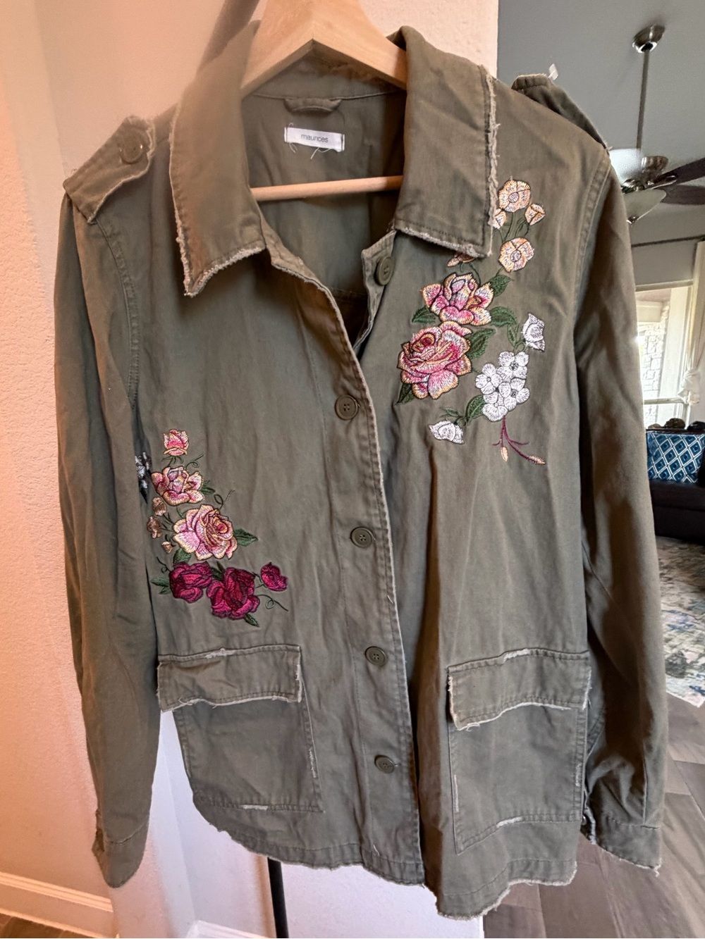 Maurices Olive Green Floral Embroidered Distressed Utility Jacket S